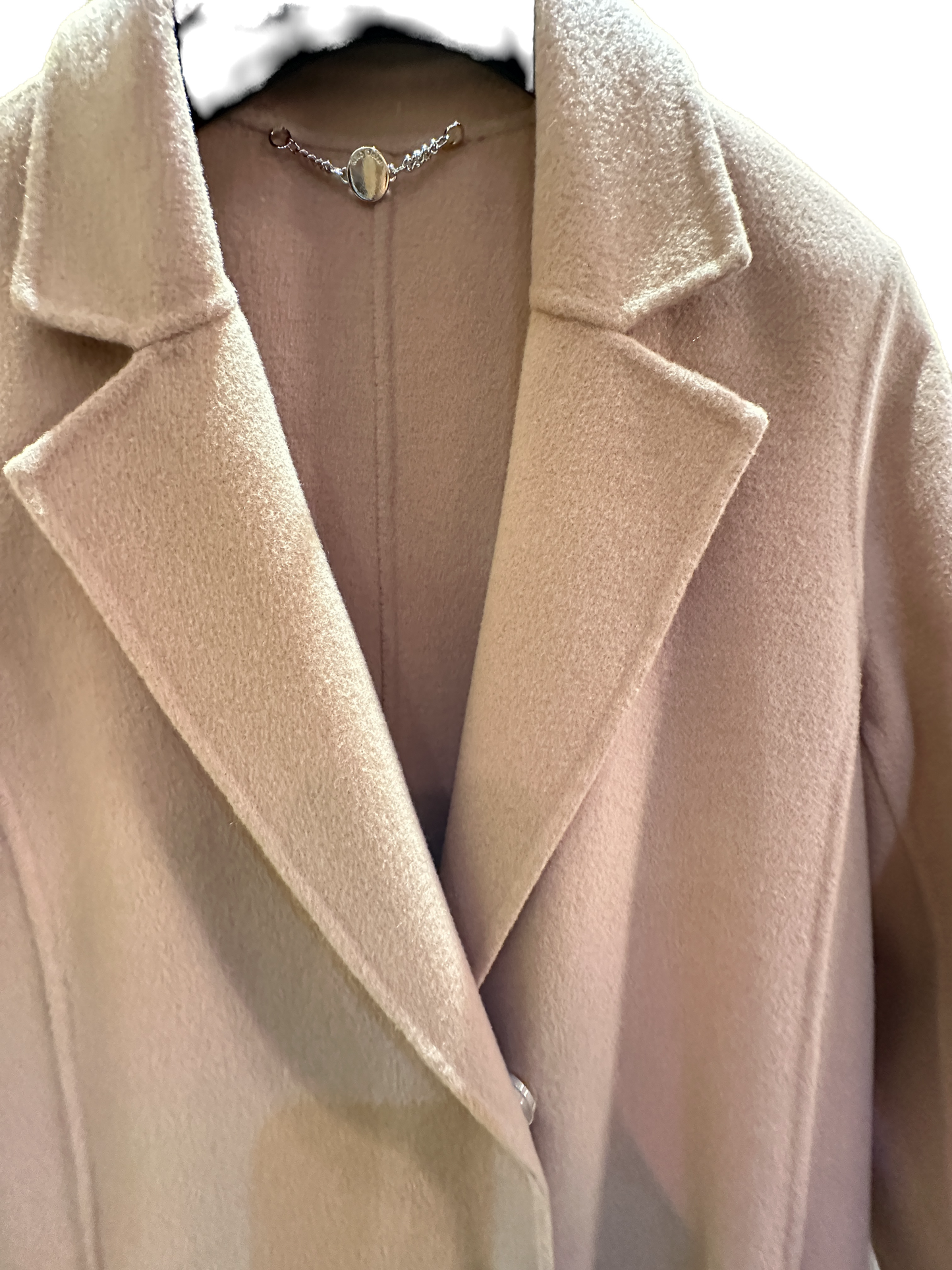 Close-up of Marccain Wheat Long Coat featuring soft wool-cashmere blend and classic lapel design.