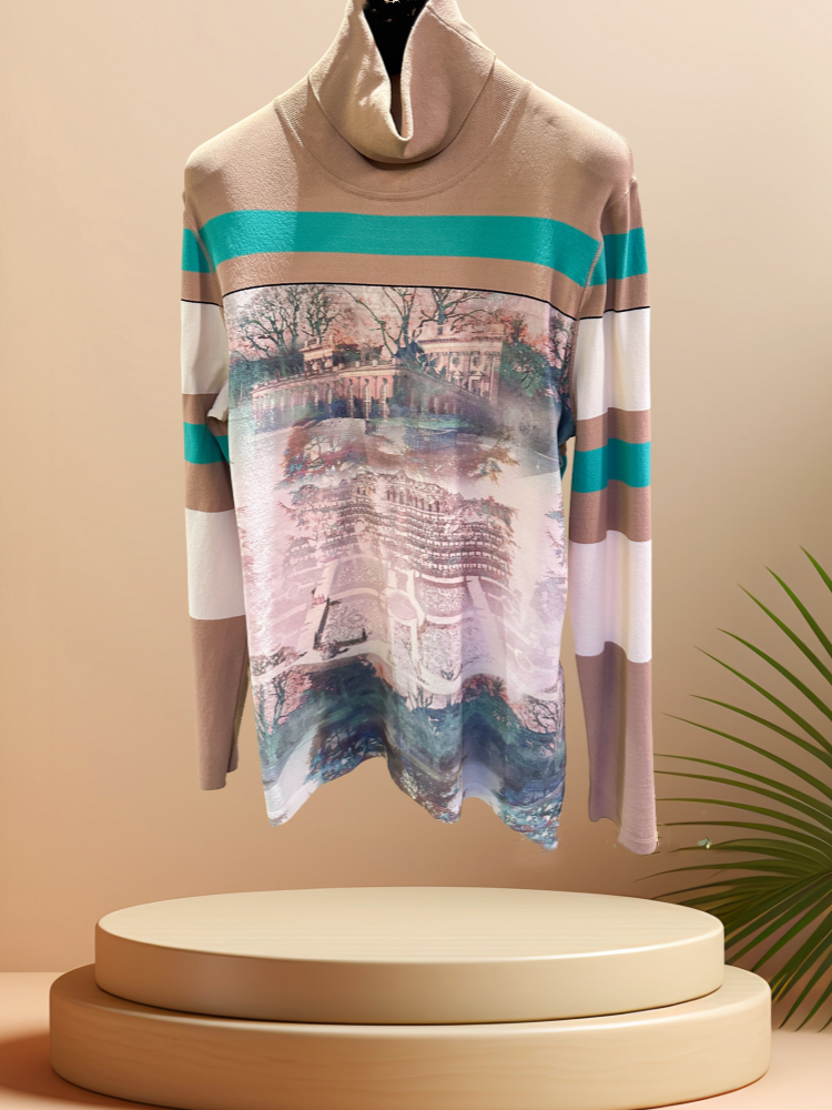 Marccain turtle neck blouse with Europe landscape print, featuring comfortable lightweight fabric and stylish design.