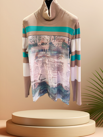 Marccain turtle neck blouse with Europe landscape print, featuring comfortable lightweight fabric and stylish design.