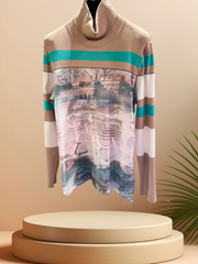 Marccain turtle neck blouse with Europe landscape print, featuring comfortable lightweight fabric and stylish design.