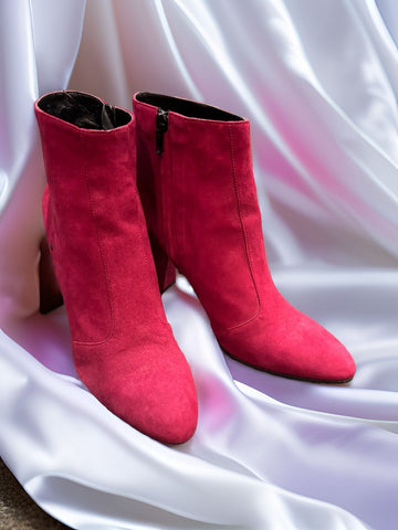 Marrccain burgundy suede ankle boots on satin fabric, perfect for elevating winter fashion.