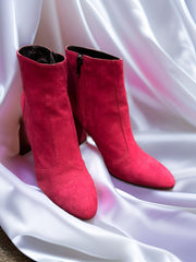 Marrccain burgundy suede ankle boots on satin fabric, perfect for elevating winter fashion.