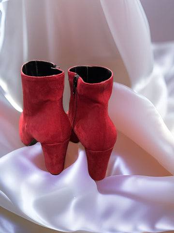 Marrccain Burgundy Suede Ankle Boots with a stylish design, perfect for winter outfits and versatile wear with skirts or pants.