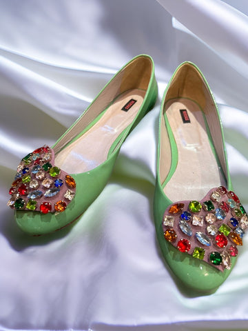Versus Ballerina Flat in green with gem decoration, designed for comfort and elegance, perfect for any stylish outfit.