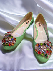 Versus Ballerina Flat in green with gem decoration, designed for comfort and elegance, perfect for any stylish outfit.