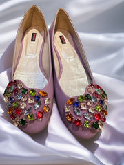 Versus Ballerina Flat in lavender with colorful gem embellishments, combining comfort and stylish elegance.