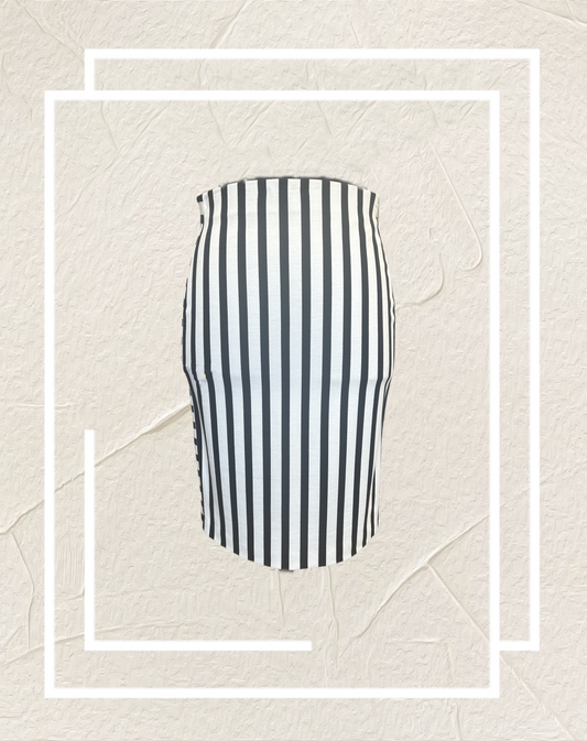 Marccain Striped Pencil Skirt featuring black and white stripes, flattering fit, and soft cotton blend, ideal for versatile looks.
