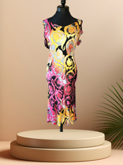 Versace Water Print Dress featuring vibrant colors and a low back cut, presented elegantly on a display.