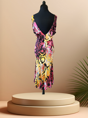 Versace Water Print Dress with low back cut, showcasing vibrant colors and elegant draping on a mannequin.