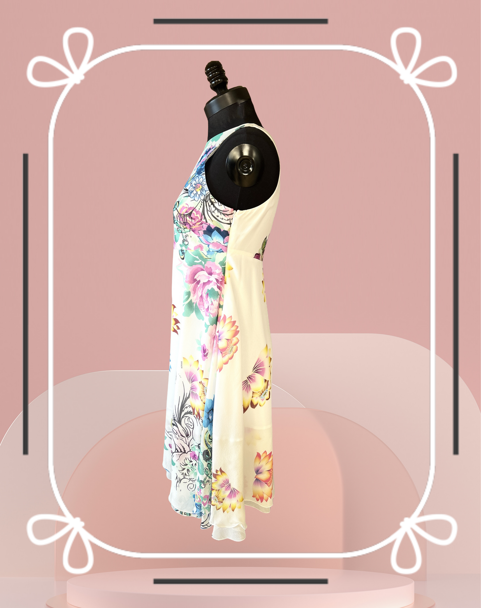 Versace Silk Lotus Flower Dress displayed on a mannequin, showcasing its elegant floral design and luxurious silk fabric.