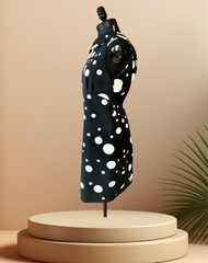 Versace black and white polka dot dress on mannequin, showcasing its stylish design and print.