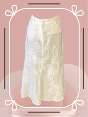 Gerard Darel long white linen skirt with floral embroidery, A-line shape, perfect for summer style.