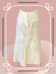 Gerard Darel long white linen skirt with floral embroidery, A-line shape, perfect for summer style.