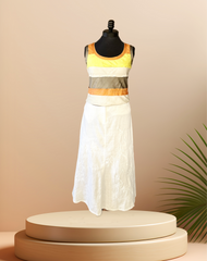 Gerard Darel Long White Linen Skirt with floral embroidery displayed on a mannequin, ideal summer fashion piece.
