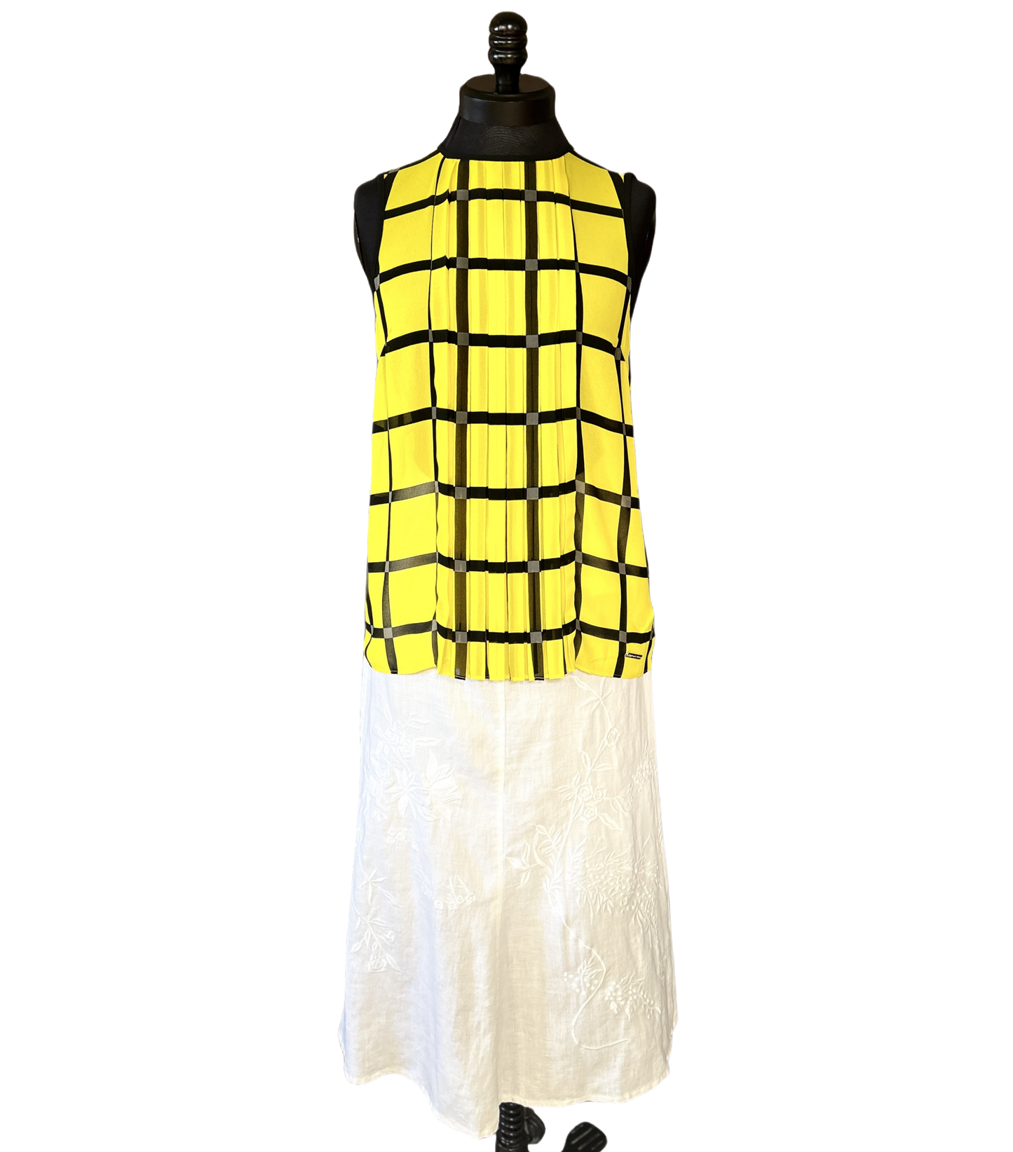 Michael Kors Blouse in bright yellow and black checks, featuring lightweight fabric, perfect for summer casual or dressy wear.