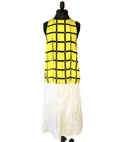 Michael Kors Blouse in bright yellow and black checks, featuring lightweight fabric, perfect for summer casual or dressy wear.