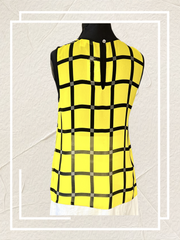 Back view of a Michael Kors blouse featuring bright yellow and black checks, perfect for summer styling.