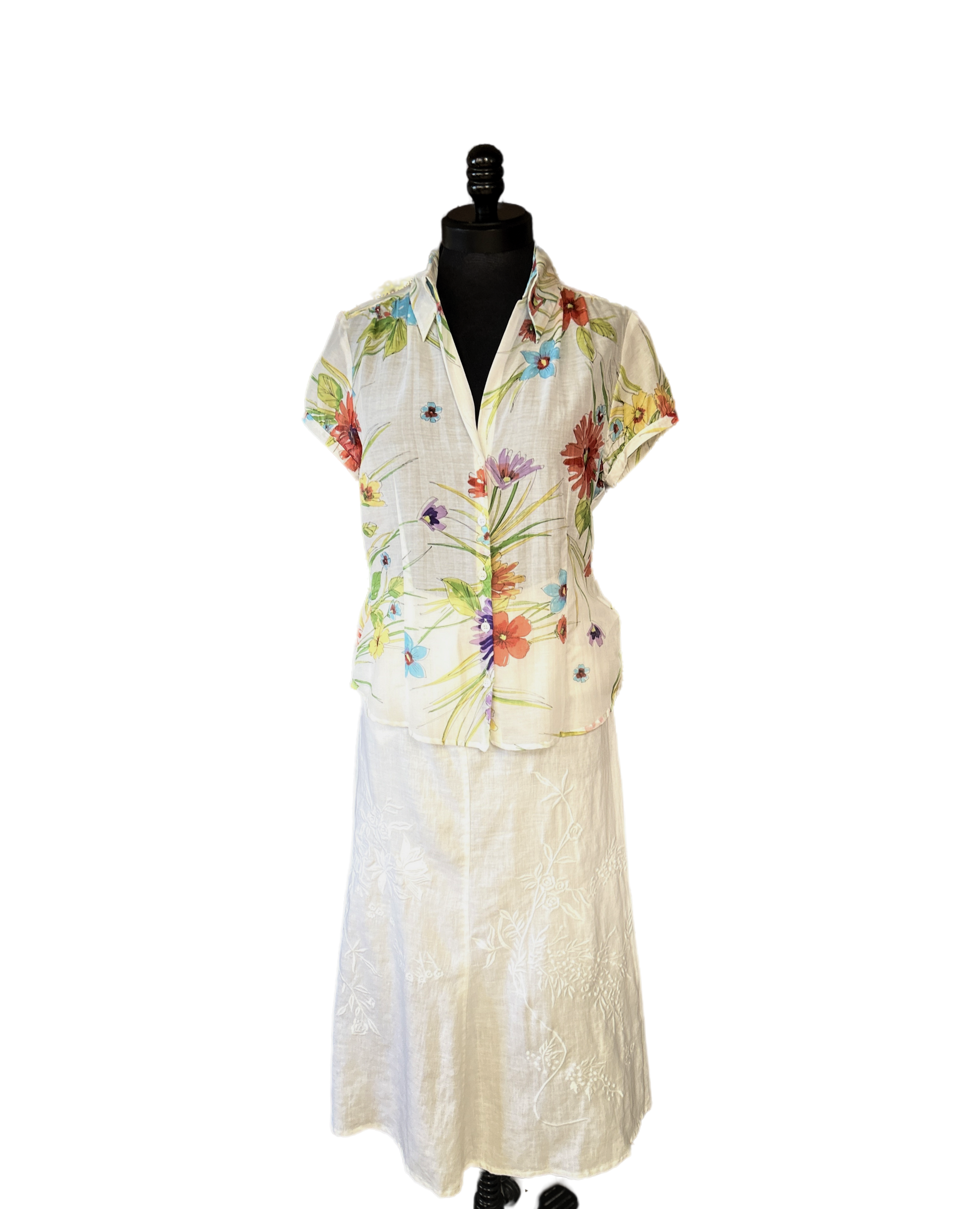 Gerard Darel long white linen skirt paired with a floral short-sleeve shirt, showcasing summer style and comfort.