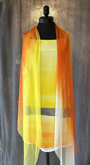 Laurel Long Scarf in sunset gradient, featuring luxurious silk fabric, styled on a mannequin.