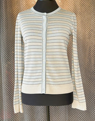 Marccain Stripped Cardigan in light blue and cream, featuring button closure and elegant striped design for versatile styling.
