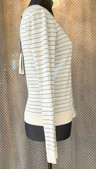 Side view of Marccain Stripped Cardigan, featuring silver thread accents in a stylish design. Perfect for layering and elegant outfits.
