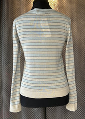 Back view of Marccain stripped cardigan showcasing elegant silver and blue stripes, perfect for layering or casual outfits.