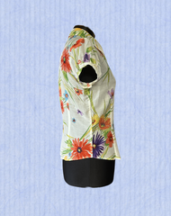 Escada silk shirt showcasing a vibrant floral design, made from 68% cotton and 32% silk, perfect for summer wear.