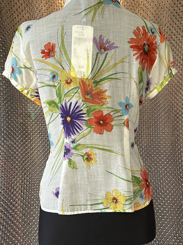 Back view of Escada floral silk shirt, showcasing vibrant flowers on a light fabric, perfect for summer elegance.