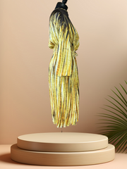Escada silk dress in yellow gradient with adjustable waistline, perfect for summer fashion.