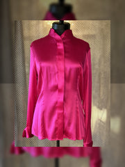 Versace Silk Hard Pink Shirt in luxurious silk with hidden buttons and folding collar, showcasing elegance and comfort.
