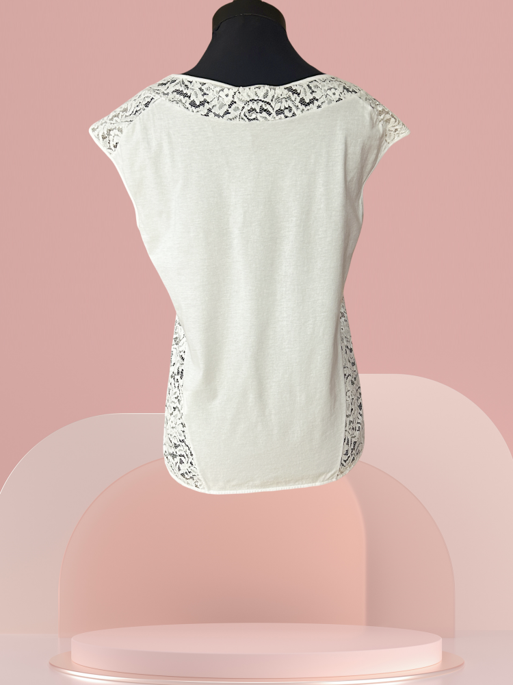 Back view of Seventy Whit Lace Cotton Blouse with delicate lace detail, perfect for summer style and comfort.