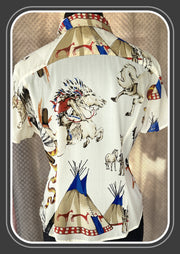 Back view of Versace silk shirt featuring vibrant Indian theme prints with horses and teepees, showcasing luxurious design.