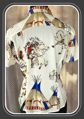 Back view of Versace silk shirt featuring vibrant Indian theme prints with horses and teepees, showcasing luxurious design.
