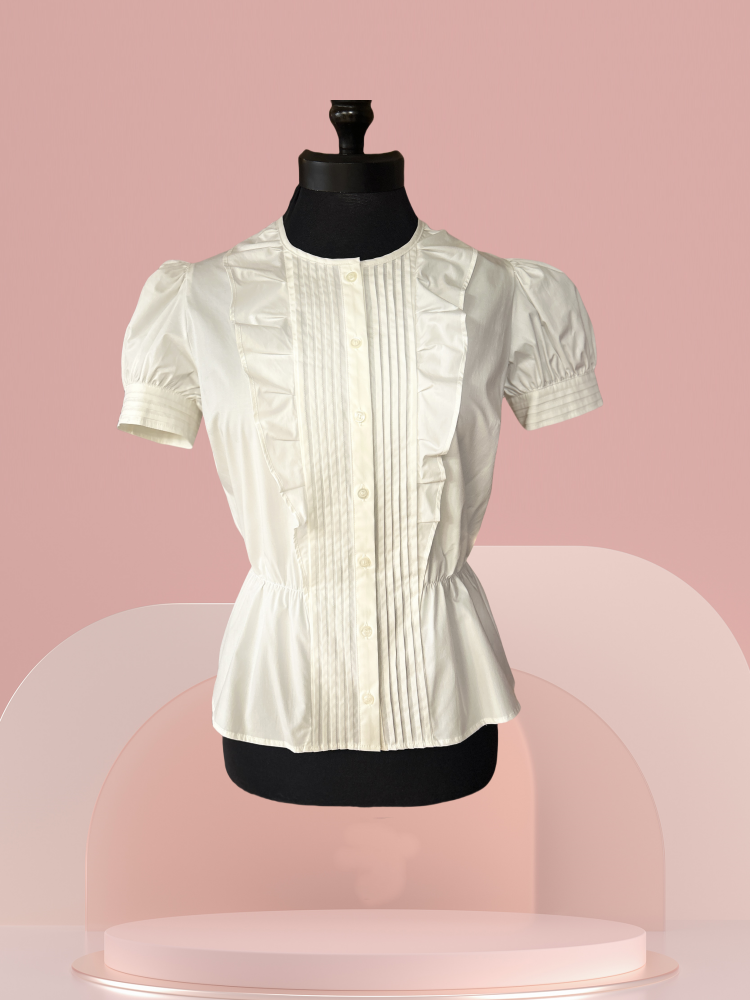 Classic Pennyblack white blouse with puff sleeves and waistline cut, perfect for versatile styling.