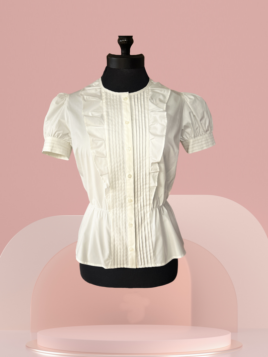 Classic Pennyblack white blouse with puff sleeves and waistline cut, perfect for versatile styling.