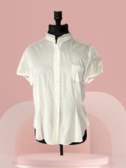Escada Cotton Blouse in white, featuring a classic cut, short sleeves, and a stylish collar, perfect for summer wear.