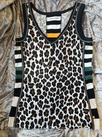 Marccain lightweight vest with colorful stripes and leopard pattern for a playful summer look.