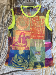 Marccain Vest featuring a fashion magazine style print on translucent fabric with vibrant colors.