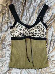 Marccain spaghetti strap vest in leopard print and olive colors, featuring a stylish design for summer outfits.