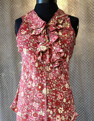 Plenty Posies Vest in burgundy silk with elegant ruffles, perfect for a stylish occasion.