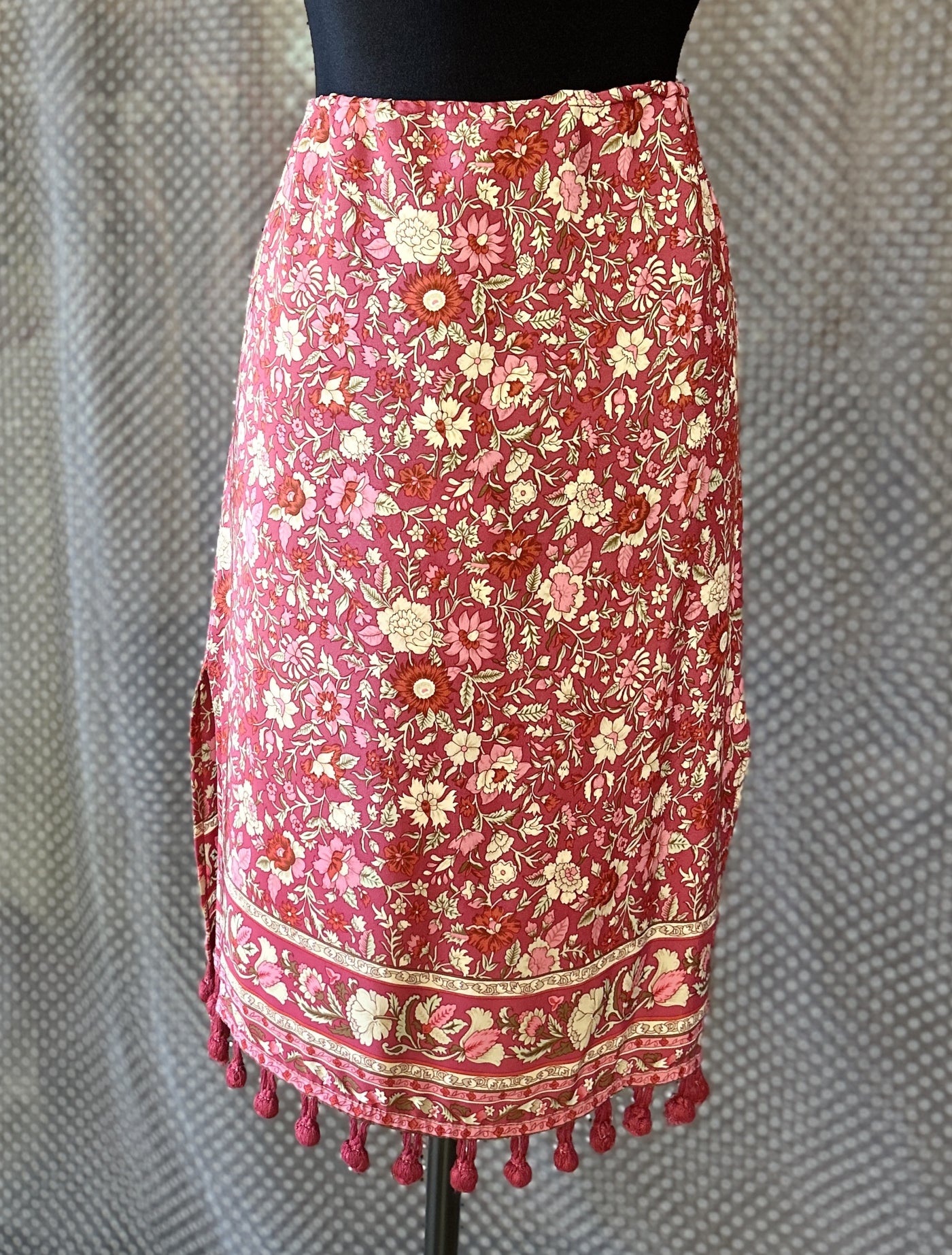 Plenty Silk Posies Skirt featuring floral print and tassel detailing, made from luxurious silk fabric.