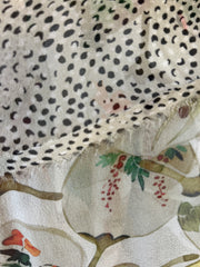 Close-up of Marccain silk blouse fabric featuring delicate floral patterns and polka dots.