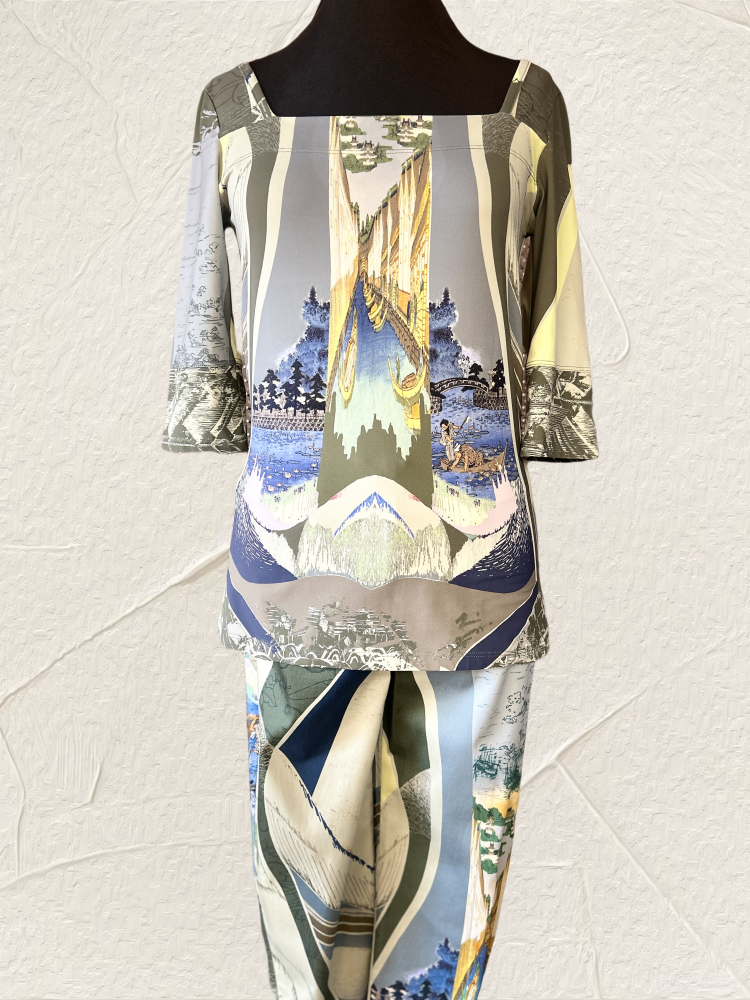 Stylish Save the Queen pants and matching blouse featuring stunning water town imagery and a flattering pencil cut.