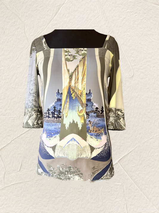 Save the Queen Blouse featuring a stylish water town print and elegant boat neckline, crafted from 80% Nylon and 20% Elastane.