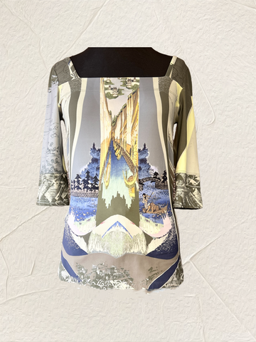 Save the Queen Blouse featuring a stylish water town print and elegant boat neckline, crafted from 80% Nylon and 20% Elastane.