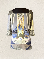 Save the Queen Blouse featuring a stylish water town print and elegant boat neckline, crafted from 80% Nylon and 20% Elastane.