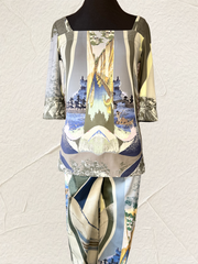 Stylish Save the Queen pants and matching blouse featuring stunning water town imagery and a flattering pencil cut.