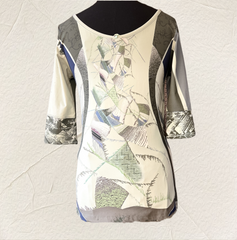 Save the Queen Blouse with a beautiful water town print and boat neckline, showcasing versatile elegance.