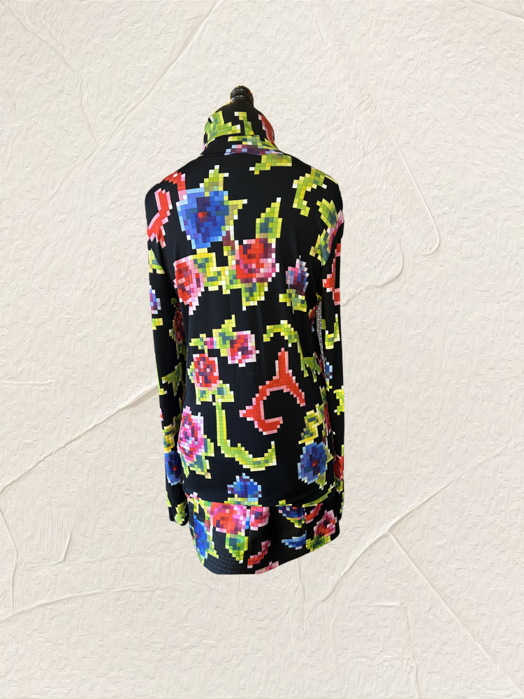 Marccain Nonograms Blouse featuring colorful floral print on a black background, stylish and trendy for modern wardrobes.