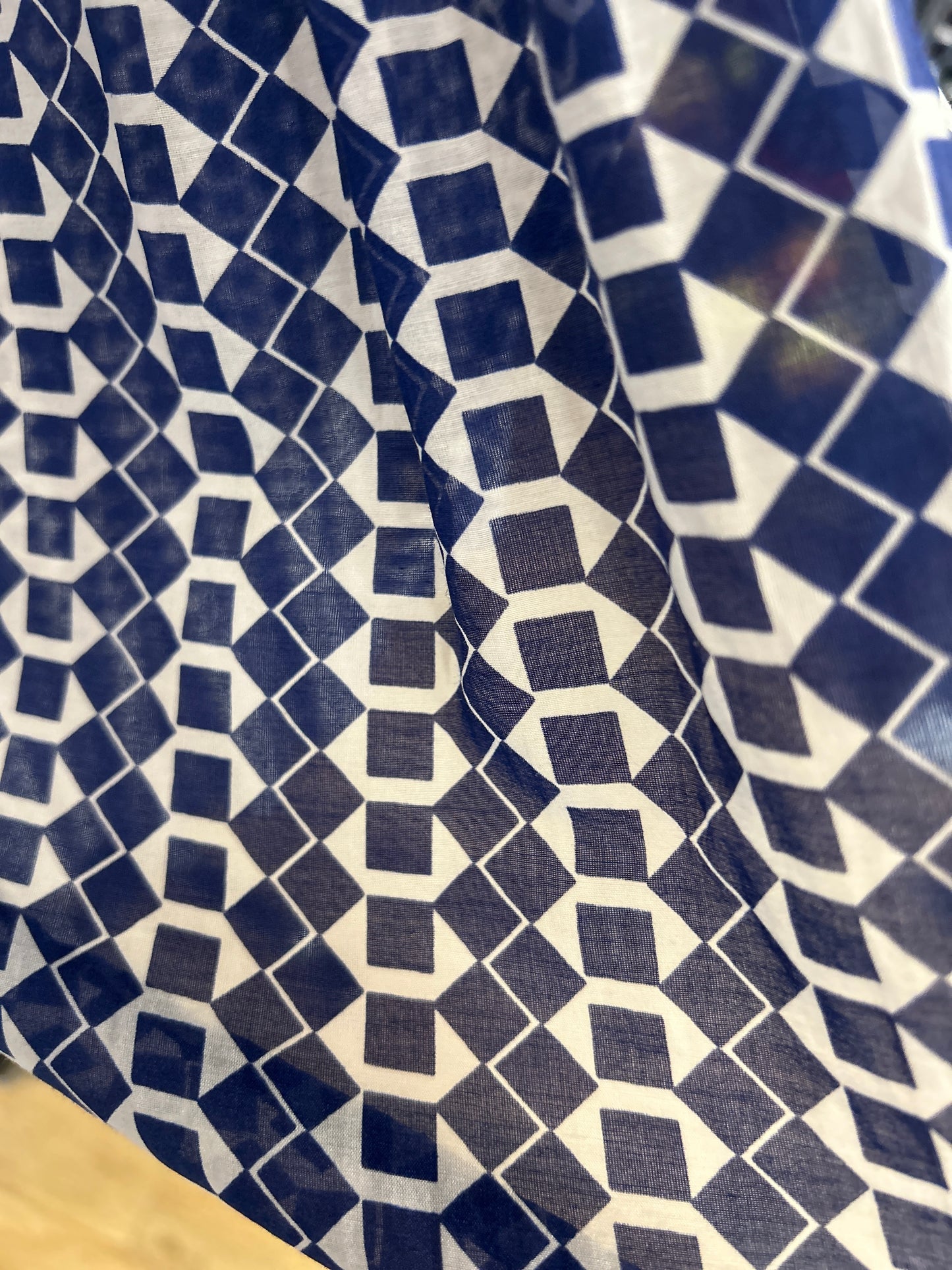 Close-up of the Seventy Blue Pattern Petti Skirt showcasing a vivid blue and white geometric pattern.